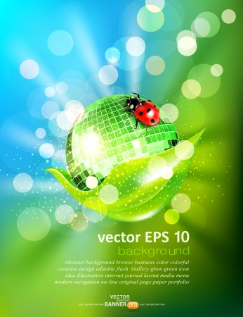 vector background with leaf, mirrored disco ball and a ladybugのイラスト素材