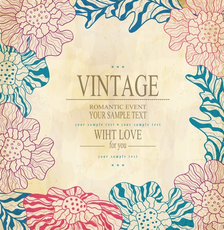 color congratulation vintage vector  background with drawing flowersのイラスト素材