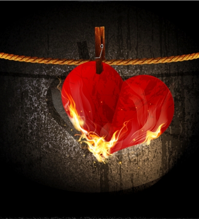 Vector burning heart hanging on a ropeのイラスト素材