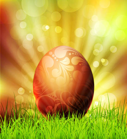 vector easter egg on grass background and bokeh のイラスト素材