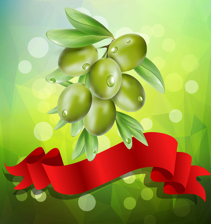 vector olive branch with red ribbon on a green background with bokehのイラスト素材