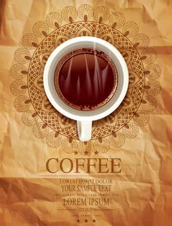 vector background with a cup of coffee and an openwork pattern on vintage paperのイラスト素材