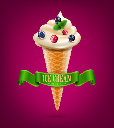 wafer cone with cream (ice cream) with berries and mintのイラスト素材
