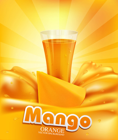 vector background with mango, a glass of juice, slices of mangoのイラスト素材