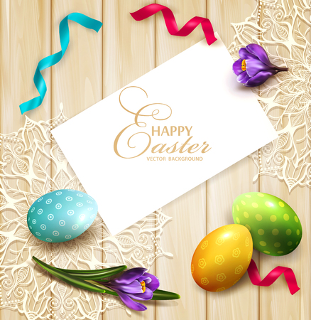Vector festive background with Easter eggs and crocuses card lying on a wooden table. View from above.のイラスト素材