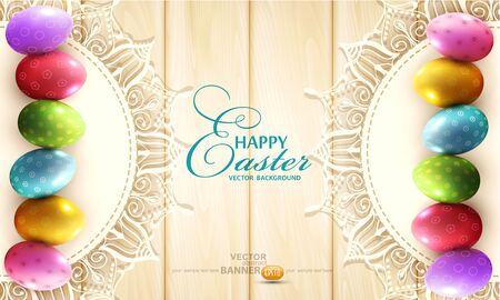 Vector vintage background with a circle of lace and easter eggs on the wooden backgroundのイラスト素材