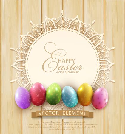 Vector vintage background with a circle of lace and easter eggs on the wooden backgroundのイラスト素材