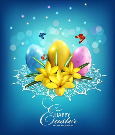 Vector Easter background with eggs, crocus on a blue background and laceのイラスト素材