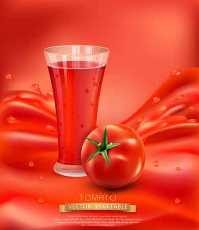 vector background with a glass of tomato juice, tomato. Red juice splashのイラスト素材