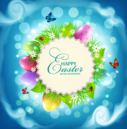 Vector for Easter with a round card for text, eggs, grass and flowers around on a background of blue sky and cloudsのイラスト素材