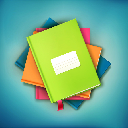 books and magazines lying on derevyannos table with a card for the text. The top view.のイラスト素材