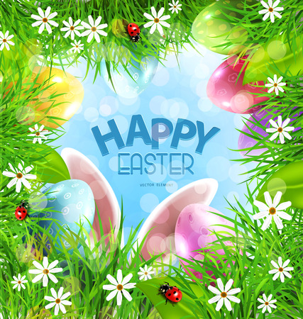 easter  with rabbit ears, eggs, grass and blue sky.のイラスト素材