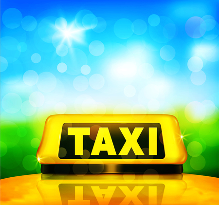 Vector yellow taxi sign on the car on a blue sky background and green grassのイラスト素材