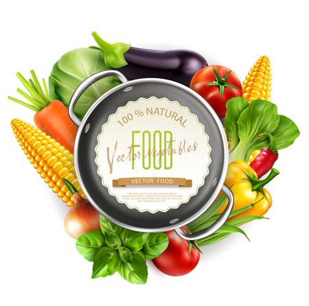 Vector menu pattern with vegetables (carrots, cabbage, basil, tomato, eggplant, corn, bok choy) with metal saucepan and round card for textのイラスト素材