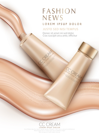 Realistic,vector 3d illustration with plastic tubes with professional CC cream and smears foundation cream. Element for modern design, advertising for sales, template cosmetic face cream, body. Banner, flyer, brochure for the promotion of products for beaのイラスト素材