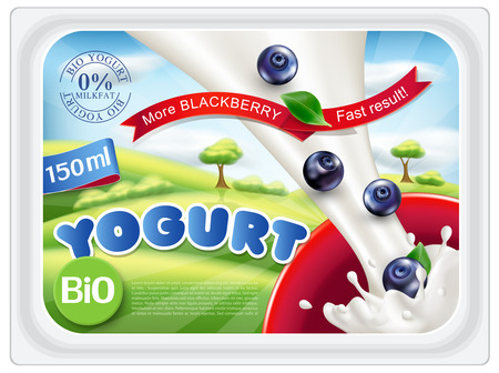 Template stickers for packing yogurt with raspberries on a blue sky.のイラスト素材