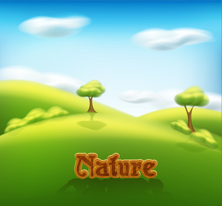 Spring-summer landscape illustration with trees, clouds, green grass, meadow.のイラスト素材