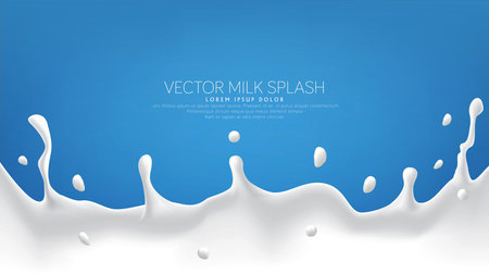 Vector milk splash with splashes isolated on a blue background. Element for design, advertising, promotion of dairy products.のイラスト素材