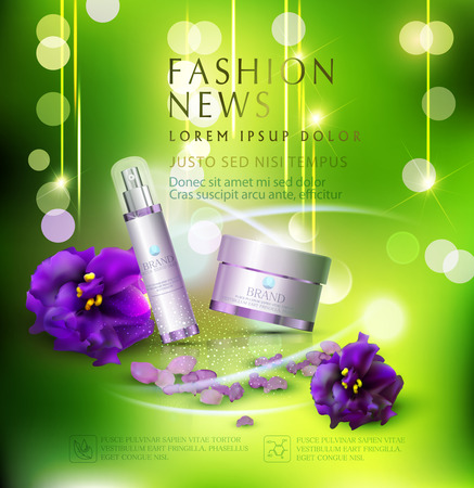 Vector  jars on a green background with violets and bokeh. Element for modern design, advertising for sales, template cosmetic face cream, body. Realistic 3d illustration.Banner, flyer, brochure for the promotion of products for beautyのイラスト素材