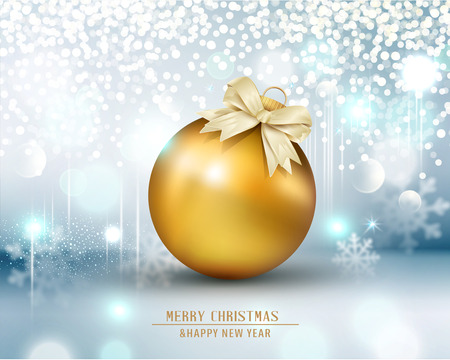 Vector illustration for Merry Christmas and Happy New Year . Greeting card with golden christmas  ball on a silvery bokeh background . Template for elegant design of postcard, flyer, congratulatory brochureのイラスト素材
