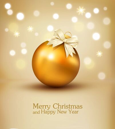 Vector illustration for Merry Christmas and Happy New Year . Greeting card with golden ball on a beige bokeh background . Template for elegant design of postcard, flyer, congratulatory brochureのイラスト素材