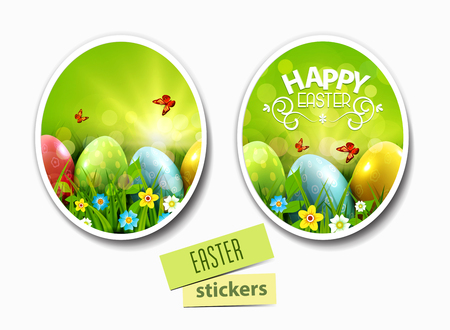 Easter greeting card with colorful eggs lying on the green grass .のイラスト素材