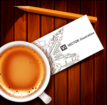 Vector realistic illustration: cup of coffee with business card and pencil on a wooden table. Element for design, advertising, bannerのイラスト素材