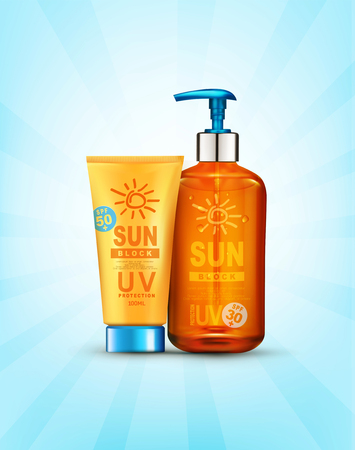 Vector realistic illustration. 3d plastic tubes with sunblock sun protection, sunscreen. Template for advertising and design sunbath cosmetic products face and body lotion with SPF and UV protect.のイラスト素材