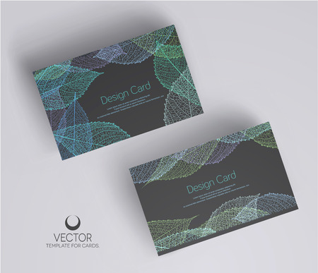 Vector illustration. Drawn leaves on dark grey  background. Set of templates, modern, stylish business cards.のイラスト素材