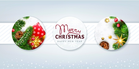 Vector illustration for Merry Christmas and Happy New Year . Greeting card with New Year's balls, branches of spruce, gift, bright stars on a grey background  .Template for elegant design of postcard, flyer, congratulatory brochureのイラスト素材