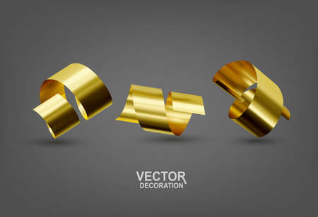 Realistic vector illustration with three gold confetti ribbons. Isolated objects. Elements for design, decoration of holiday cardsのイラスト素材