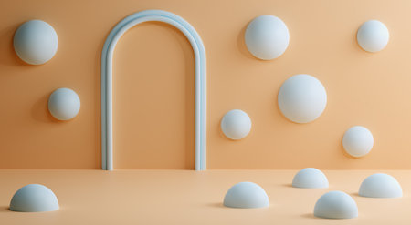 Abstract 3D scene with blue hemispheres and a hole in the wall. Render. Modern template for promotion, presentation, banner in pastel colorsの写真素材