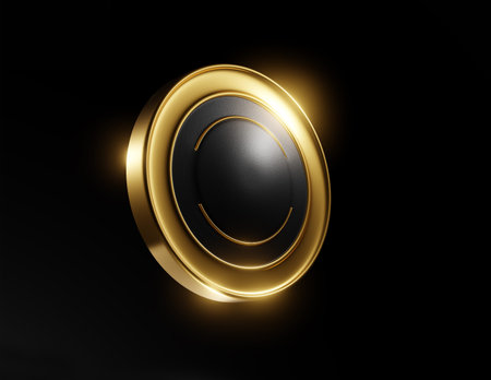 Shiny black and gold button. Abstract 3d element on black background. Render.の写真素材