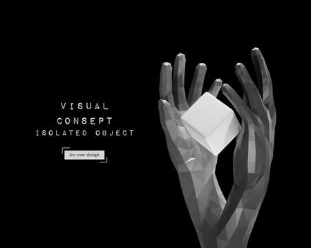 Two hands made of triangles holding a cube isolated on black background. Black and white 3d illustration. Element for conceptual design, layout, banner.の写真素材