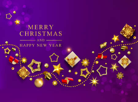 Violet Christmas Banner. Vector Xmas Background with garland, realistic gifts box, snowflake and glitter gold and red confetti, gift box. Chic Christmas Greeting Card, Poster, Greeting cards, Headers, Websiteのイラスト素材