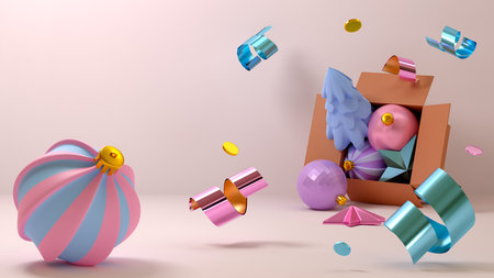 Opened cardboard box with falling out Christmas balls, stars and confetti on a light pink...