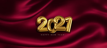 Vector festive banner with volumetric golden numbers 2021 on the background of folds of red satin...