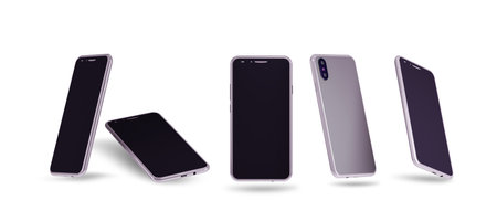Set of 3d smartphones in different positions isometric, frontal, perspective. Isolated on a white...