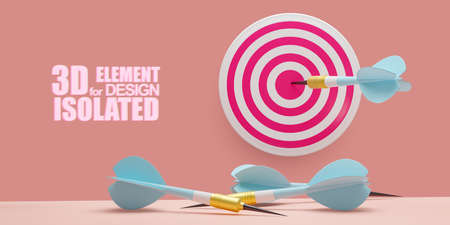 3D illustration. Isolate. Blue Arrow hitting the center of target on the wall. Arrows that missed the target lie on the floor.Success business concept. Renderの写真素材