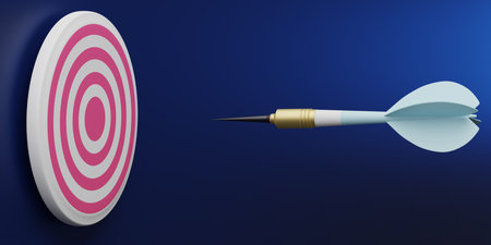 Flying arrow towards the target on blue background. 3d illustration. Banner. Concept for promotion,...