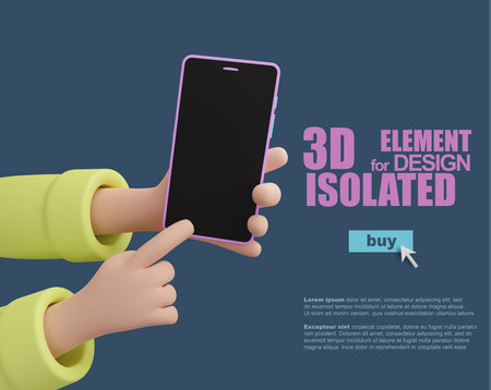 A cartoon 3D hands holding a mobile phone. Index finger presses smartphone screen. 3d illustration...