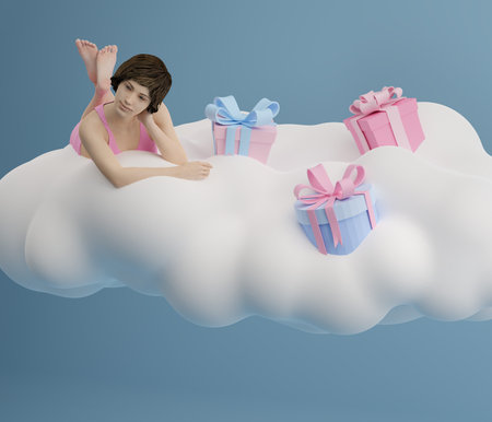 Dreaming girl lying on the clouds by gift boxes with flax on a pink background. 3d illustration....