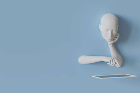 A female head without hair, hands protruding from the wall, holding a tablet. Mannequin body. Portrait of a woman, body parts from a blue wall.Concept. 3d rendering.の写真素材