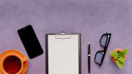Overhead shot of office desktop. Telephone, tea cup, glasses, pencils, notebook, pen, potted plant.Top view with copy space, flat lay. 3d illustration. Render.の写真素材