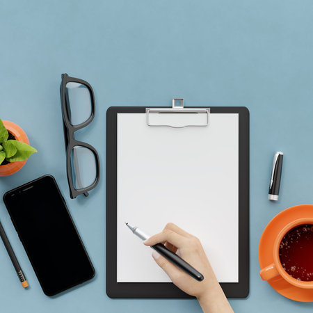 Office, business utensils on a blue table, telephone, a cup of tea, pencils, a notebook, glasses, a...