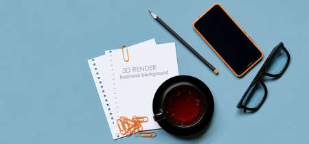Telephone, tea cup, glasses, pencils, notebook, pen, potted plant.Top view with copy space, flat lay. 3d illustration. Render.の写真素材