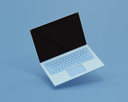 Blue Laptop on a blue background. 3d illustration. Render. laptop at an angle. template for design.