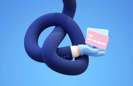 Cartoon Character hands in a rubber medical gloves and in a blue business jacket, knotted, holding bank cards, isolated on blue background. 3D rendering. Elements for a business concept.の写真素材
