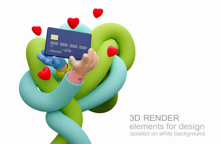 Cartoon hands in rubber medical glove tied in a knot with the other hand. Hands holds debit card and red hearts. Isolated on white background. 3d rendering.の写真素材