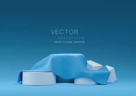 Vector abstract podium, pedestal. Round podium is covered with blue fabric. 3D rendering. blue backgroundのイラスト素材